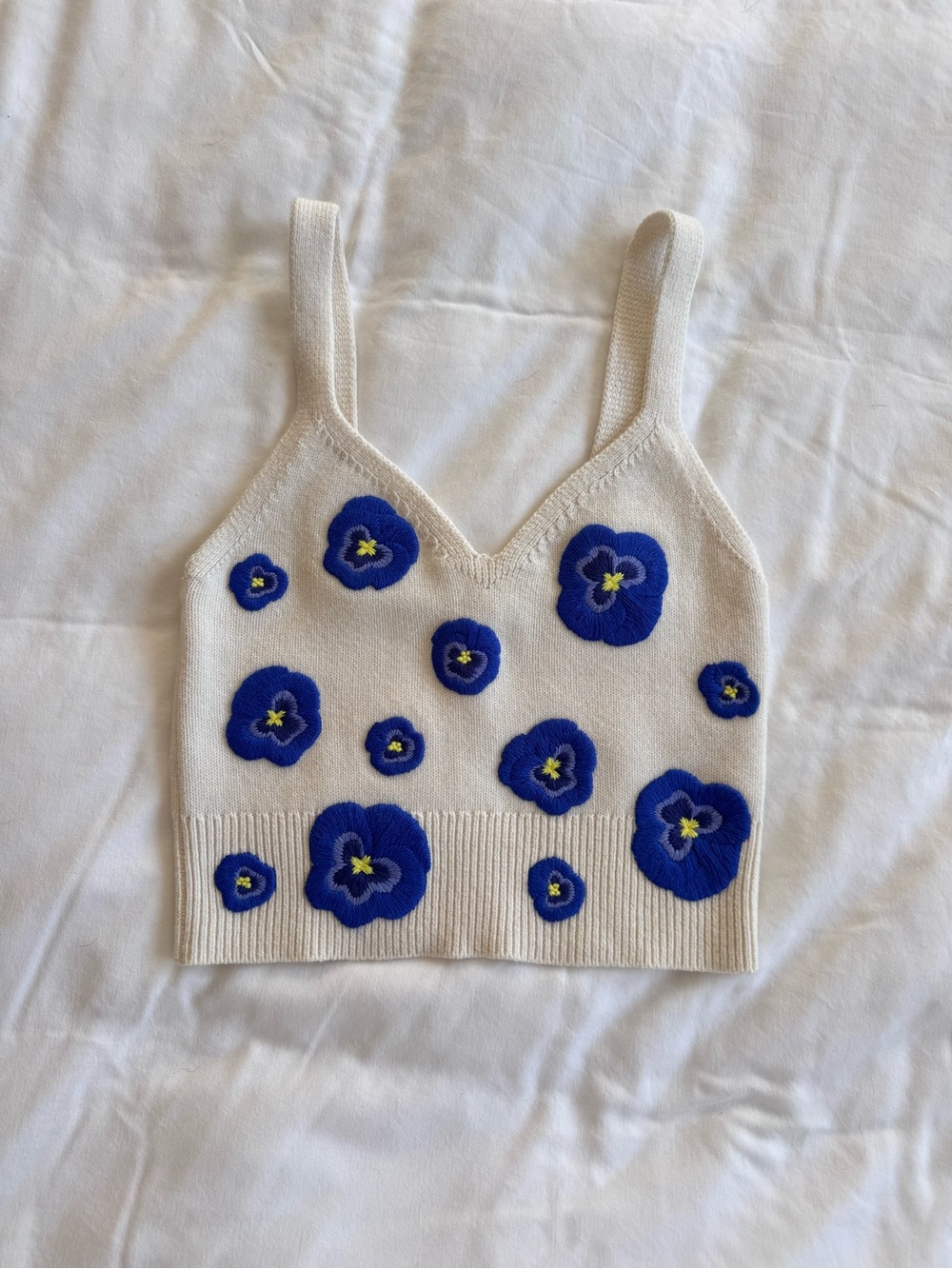 Alice + Olivia Cream Knit Tank Top with Blue Floral Appliqués